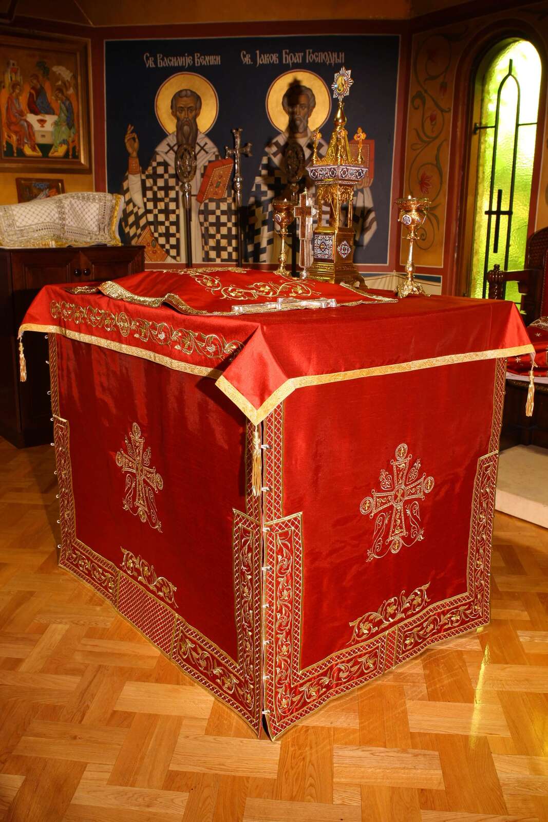 Dechani Holy Table Cover - Burgundy with Gold Embroidery - Image 2